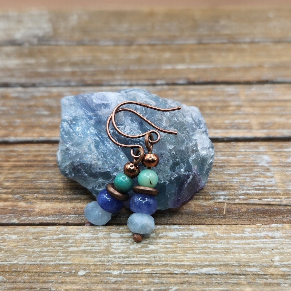 Aquamarine, Purple Jade, Chrysocolla and Copper Stacked Earrings